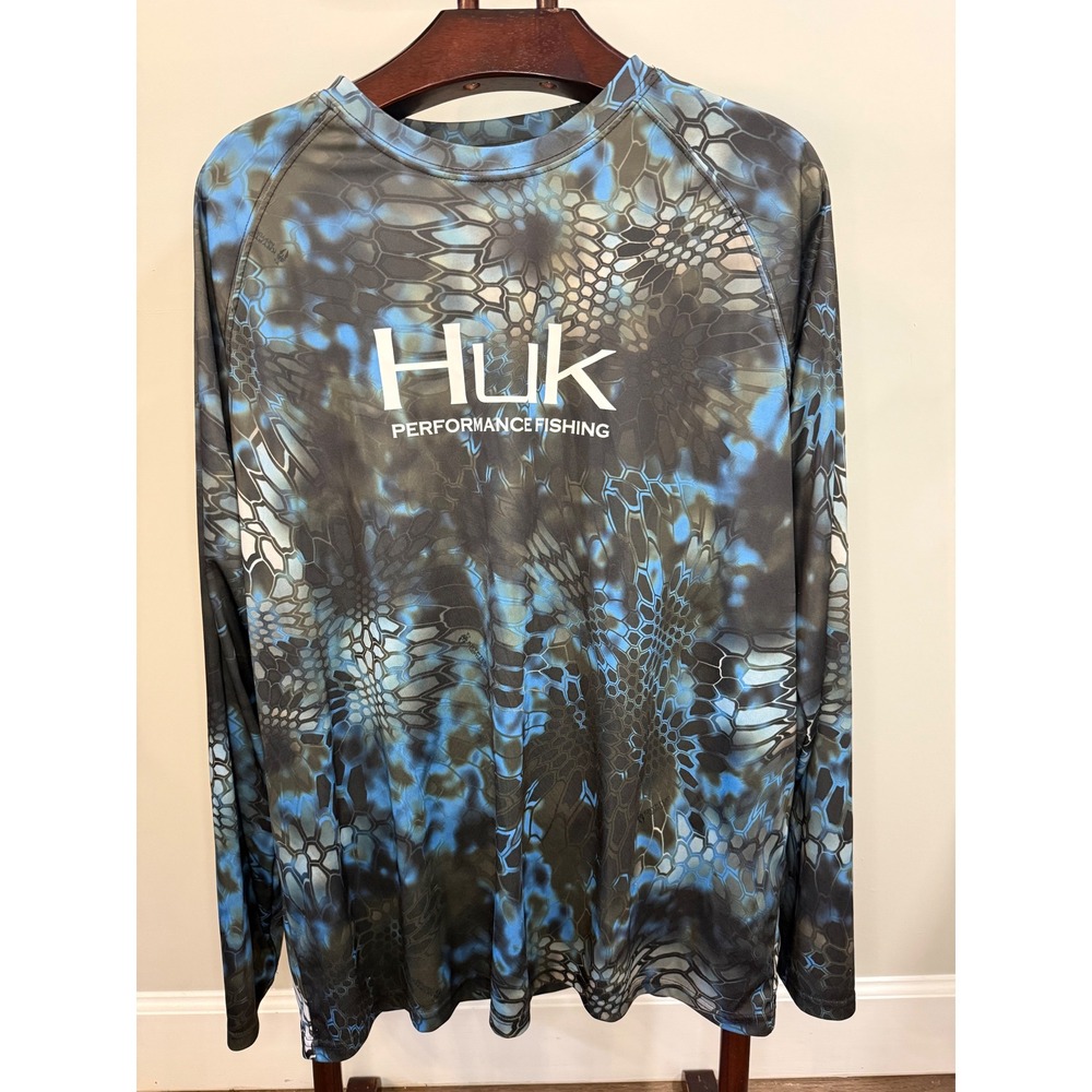 Huk Performance Fishing Mens Blue Kryptek Camo Long Sleeve Shirt Size Large